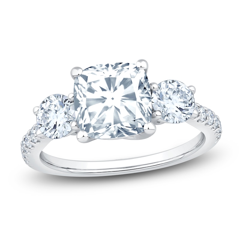 Main Image 1 of Cushion & Round-Cut Lab-Grown Diamond Three-Stone Engagement Ring 3 ct tw Platinum