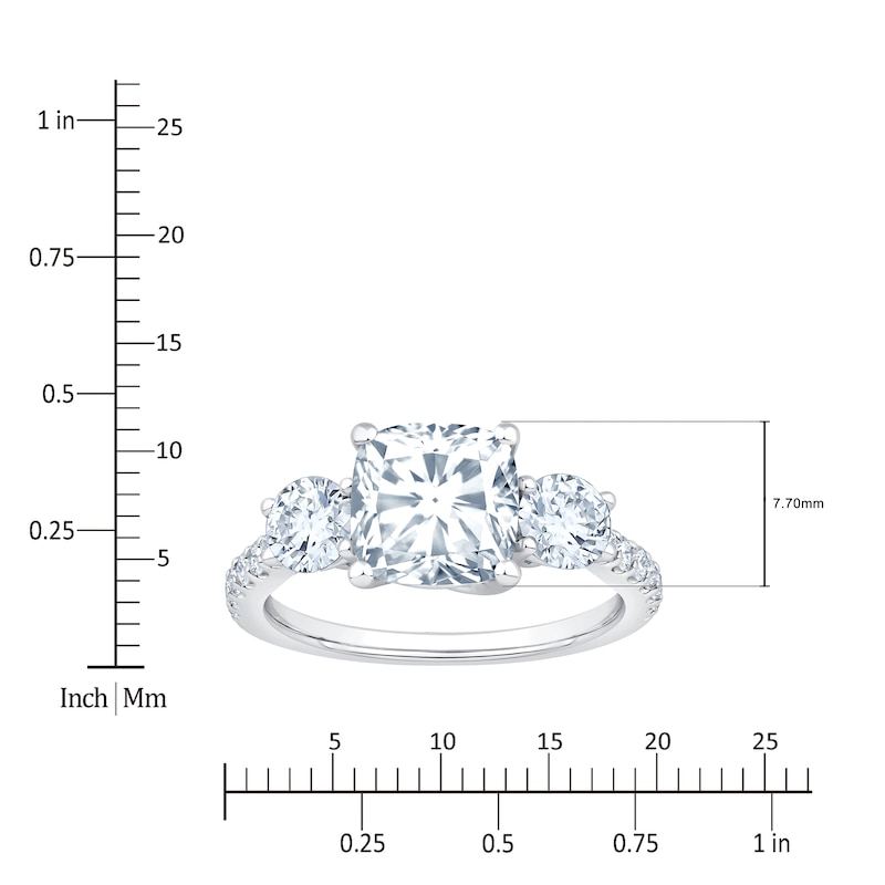 Main Image 4 of Cushion & Round-Cut Lab-Grown Diamond Three-Stone Engagement Ring 3 ct tw Platinum