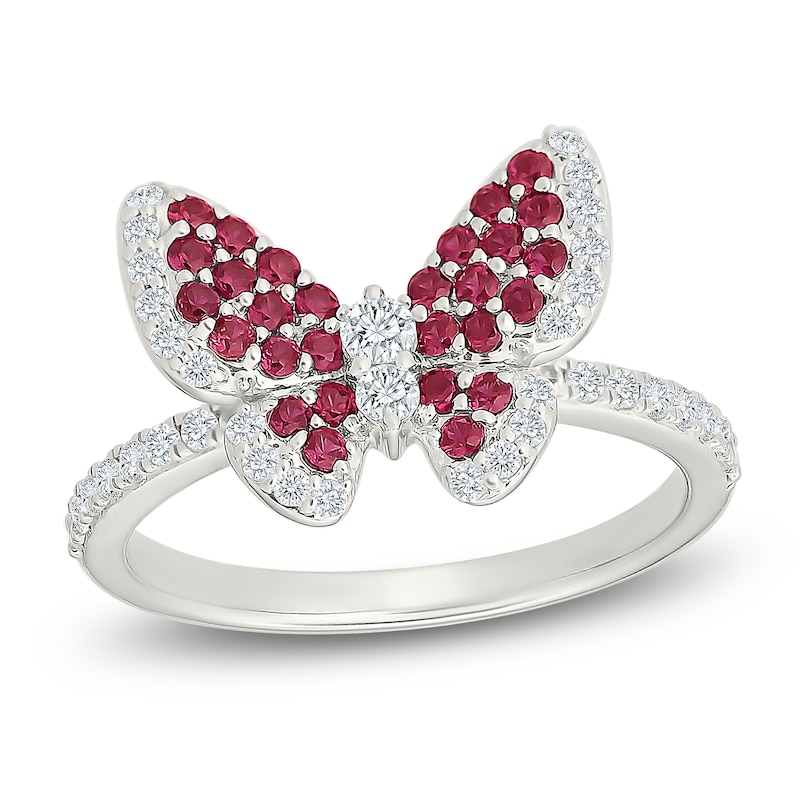 Main Image 1 of Lab-Created Ruby & White Lab-Created Sapphire Butterfly Ring Sterling Silver