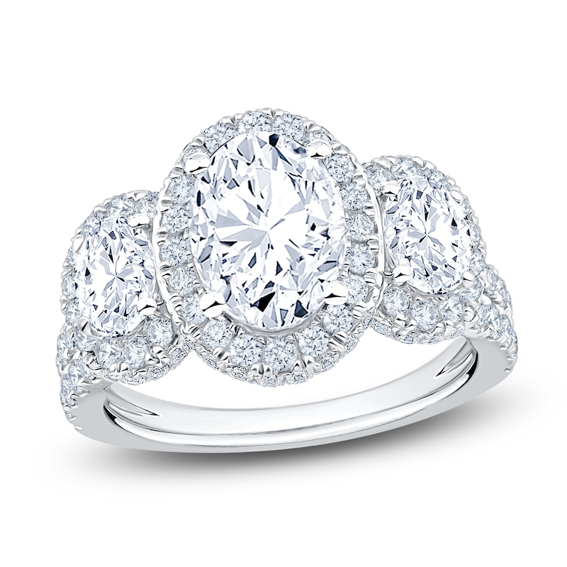 Main Image 1 of Oval-Cut Lab-Grown Diamond Three-Stone Halo Engagement Ring 3-1/4 ct tw 14K White Gold