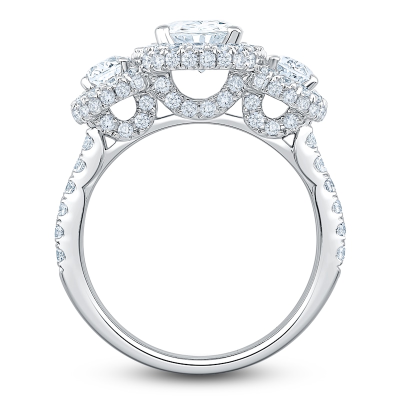 Main Image 2 of Oval-Cut Lab-Grown Diamond Three-Stone Halo Engagement Ring 3-1/4 ct tw 14K White Gold