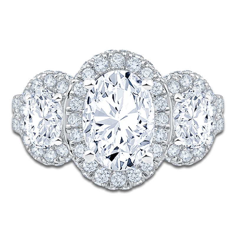 Main Image 3 of Oval-Cut Lab-Grown Diamond Three-Stone Halo Engagement Ring 3-1/4 ct tw 14K White Gold