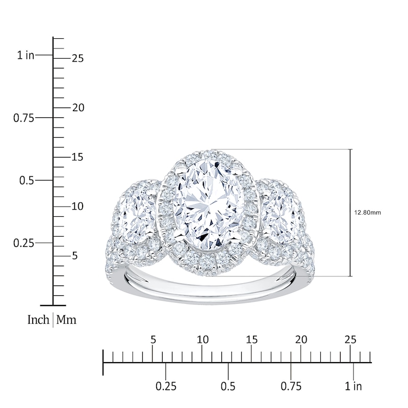 Main Image 4 of Oval-Cut Lab-Grown Diamond Three-Stone Halo Engagement Ring 3-1/4 ct tw 14K White Gold