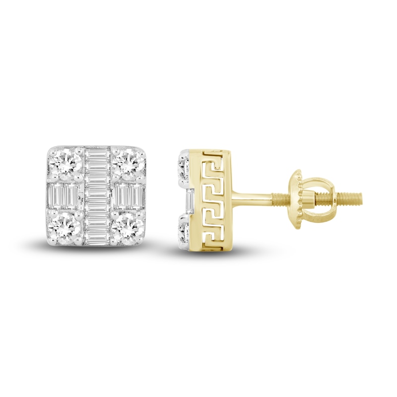 Men's Diamond Stud Earrings 1 ct tw Round/Baguette 10K Yellow Gold