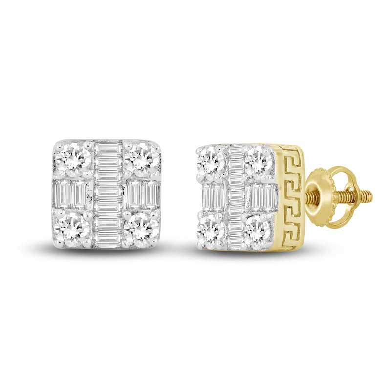 Main Image 2 of Men's Diamond Stud Earrings 1 ct tw Round/Baguette 10K Yellow Gold