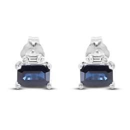 Natural Blue Sapphire Stud Earrings 1/8 ct tw Diamonds 14K White Gold