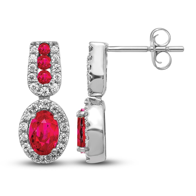 Natural Ruby Dangle Earrings /3 ct tw Diamonds 14K Gold