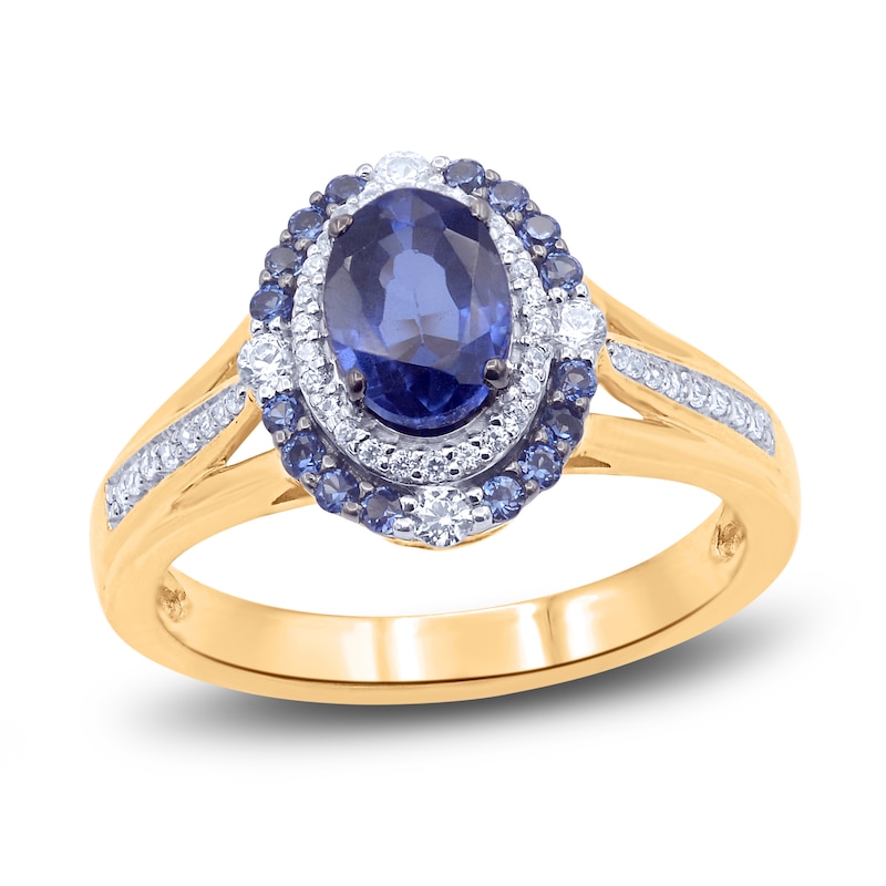 Natural Blue Sapphire Ring 1/5 ct tw Diamonds 14K Yellow Gold