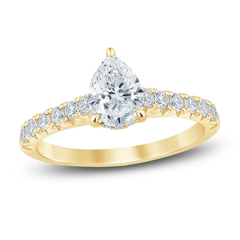 Main Image 1 of Diamond Hidden Halo Engagement Ring 1-1/2 ct tw Pear/Round 14K Yellow Gold