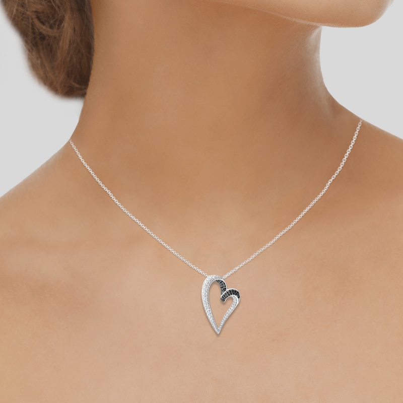 Main Image 4 of Black & White Diamond Heart Pendant Necklace 3/8 ct tw Round 14K White Gold 18"