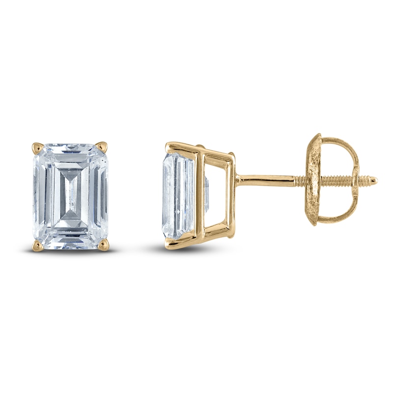 Main Image 1 of Emerald-Cut Lab-Grown Diamond Solitaire Stud Earrings 3/4 ct tw 14K Yellow Gold (F/SI2)