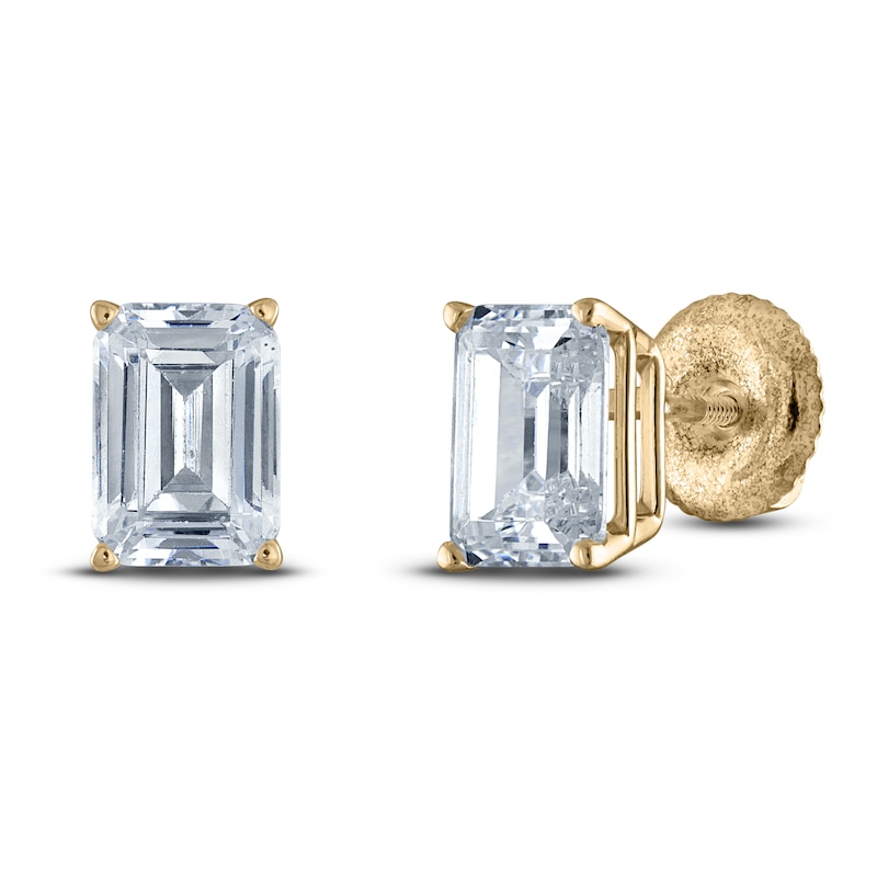 Main Image 2 of Emerald-Cut Lab-Grown Diamond Solitaire Stud Earrings 3/4 ct tw 14K Yellow Gold (F/SI2)
