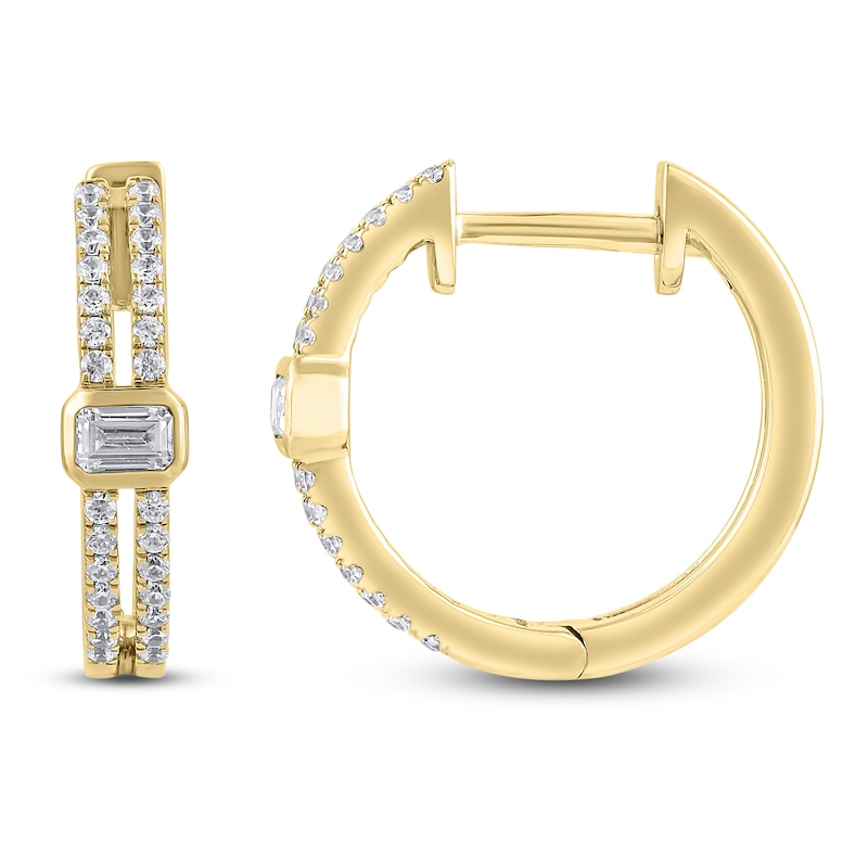 Main Image 1 of Emerald-Cut & Round Diamond Bezel Two-Row Hoop Earrings 3/8 ct tw 10K Yellow Gold