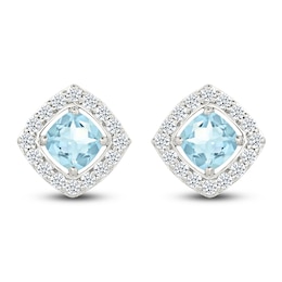Cushion-Cut Natural Aquamarine & White Lab-Created Sapphire Halo Stud Earrings Sterling Silver