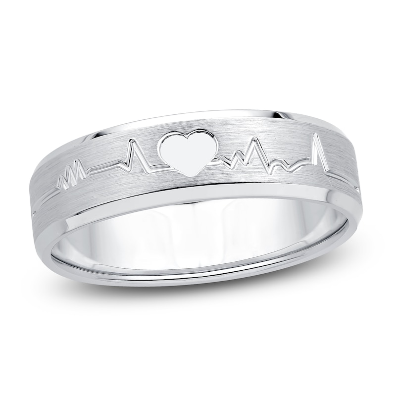 Main Image 1 of Heart & Heartbeat Engraved Wedding Band 14K White Gold 6mm