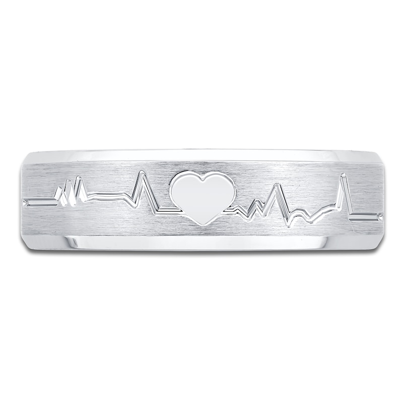 Main Image 3 of Heart & Heartbeat Engraved Wedding Band 14K White Gold 6mm