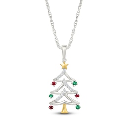 Lab-Created Gemstone Christmas Tree Necklace Sterling Silver & 10K Yellow Gold 18"