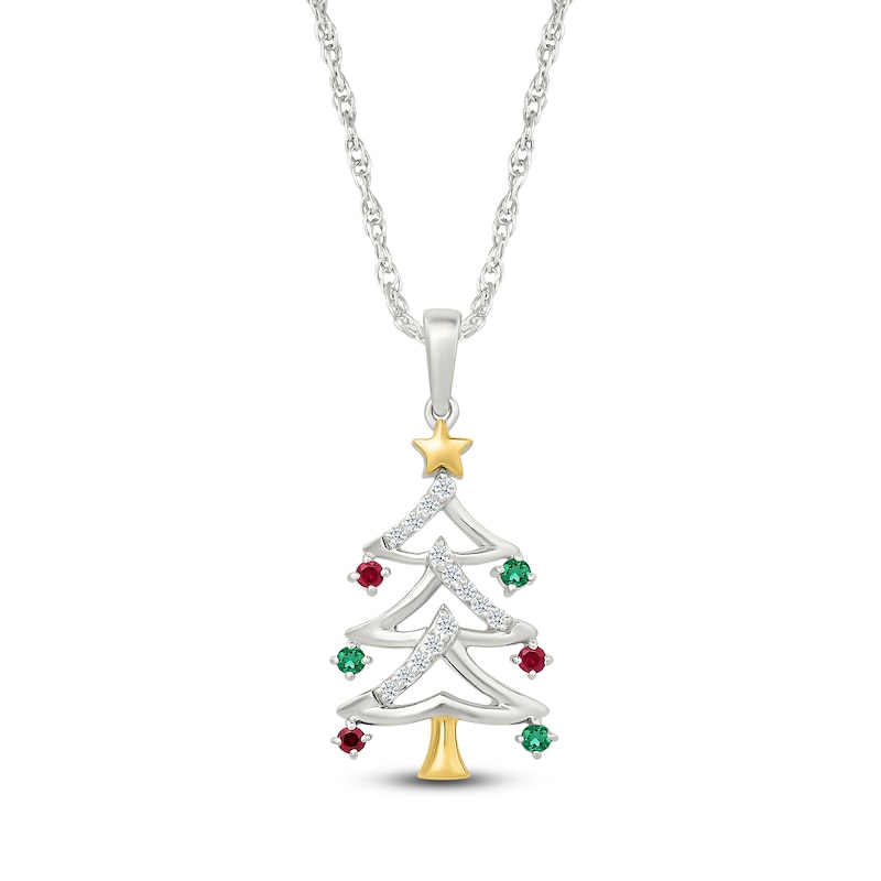 Main Image 1 of Lab-Created Gemstone Christmas Tree Necklace Sterling Silver & 10K Yellow Gold 18"