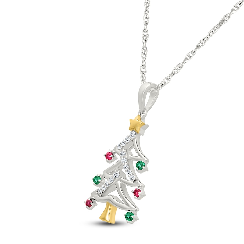 Main Image 2 of Lab-Created Gemstone Christmas Tree Necklace Sterling Silver & 10K Yellow Gold 18"
