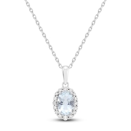 Oval-Cut Natural Aquamarine & Diamond Necklace 1/6 ct tw 10K White Gold 18"