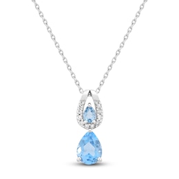 Pear-Shaped Natural Swiss Blue Topaz & Diamond Double Drop Necklace 1/15 ct tw 10K White Gold 18"