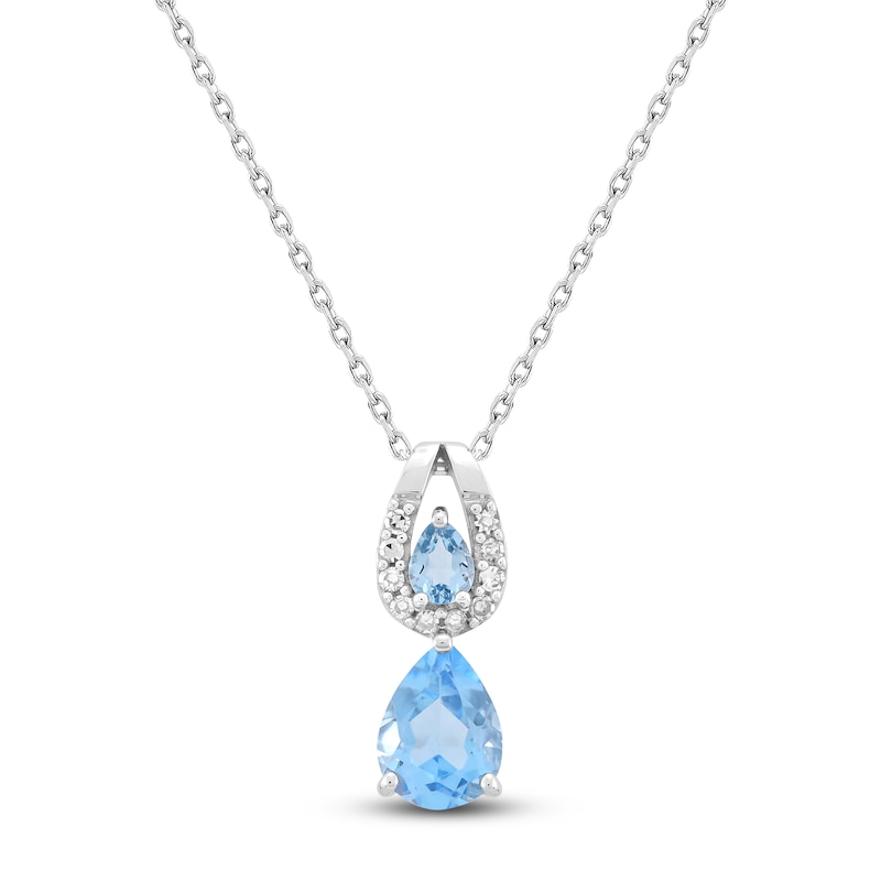 Main Image 1 of Pear-Shaped Natural Swiss Blue Topaz & Diamond Double Drop Necklace 1/15 ct tw 10K White Gold 18"