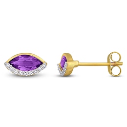Marquise-Cut Natural Amethyst & Diamond Stud Earrings 1/10 ct tw 14K Yellow Gold