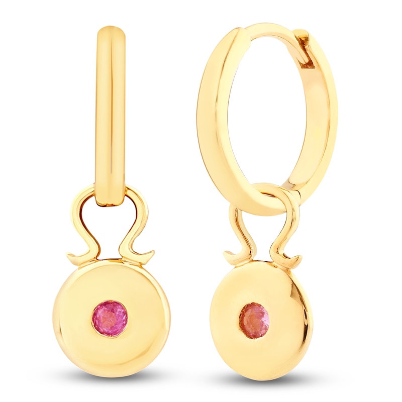 Main Image 2 of Natural Pink Sapphire Circle Dangle Hoop Earrings 14K Yellow Gold