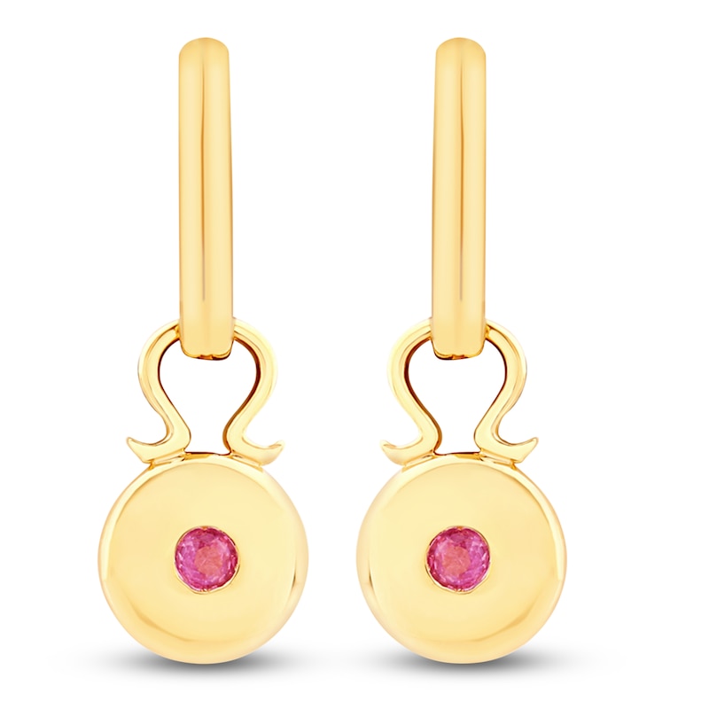 Main Image 3 of Natural Pink Sapphire Circle Dangle Hoop Earrings 14K Yellow Gold