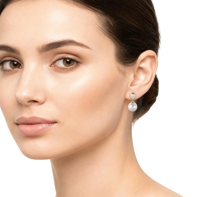 Main Image 2 of Cultured Pearl & Pear-Shaped Lab-Grown Diamond Dangle Earrings 3/8 ct tw 14K Yellow Gold