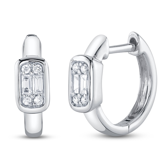 Shy Creation Baguette & Round-Cut Diamond Huggie Hoop Earrings 1/10 ct tw 14K White Gold SC55025976