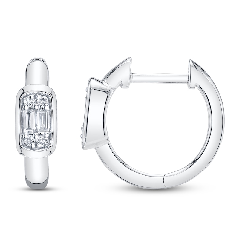Main Image 2 of Shy Creation Baguette & Round-Cut Diamond Huggie Hoop Earrings 1/10 ct tw 14K White Gold SC55025976
