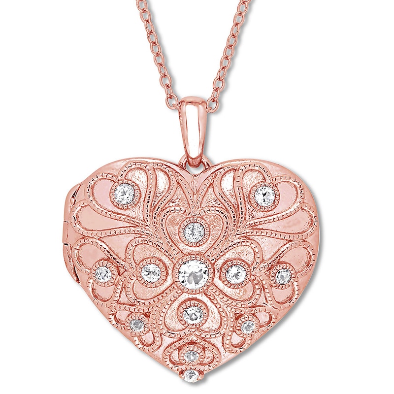 Main Image 1 of Heart Locket White Topaz Pink Rhodium Sterling Silver