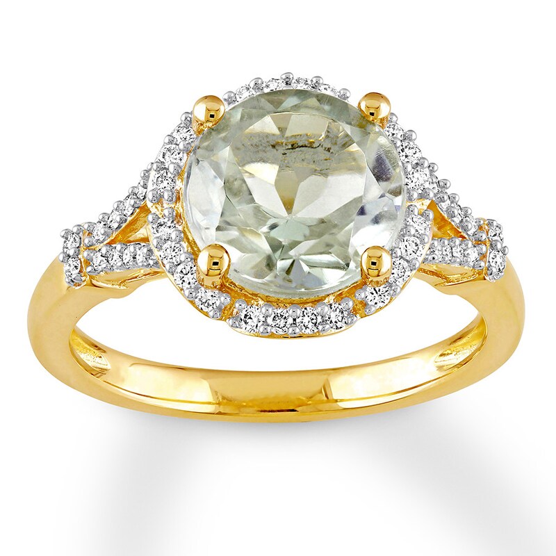 Green Quartz Ring 1/5 ct tw Diamonds 14K Yellow Gold