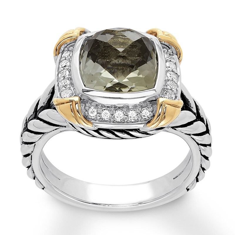 Main Image 1 of Green Quartz Ring 1/5 ct tw Diamonds Sterling Silver/14K Yellow Gold