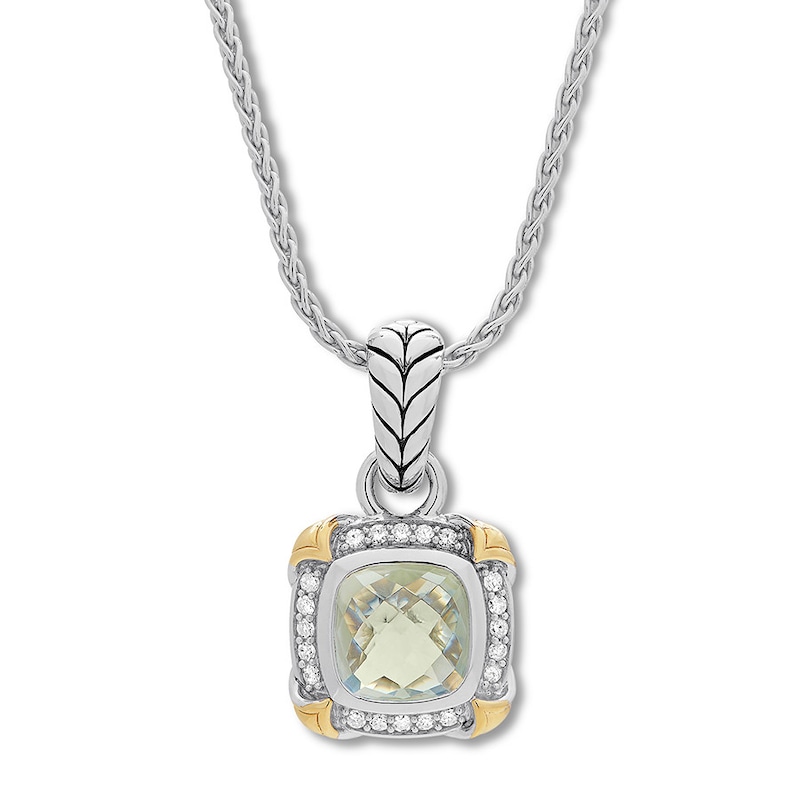 Main Image 1 of Green Quartz Necklace 1/5 ct tw Diamonds Sterling Silver/14K Yellow Gold