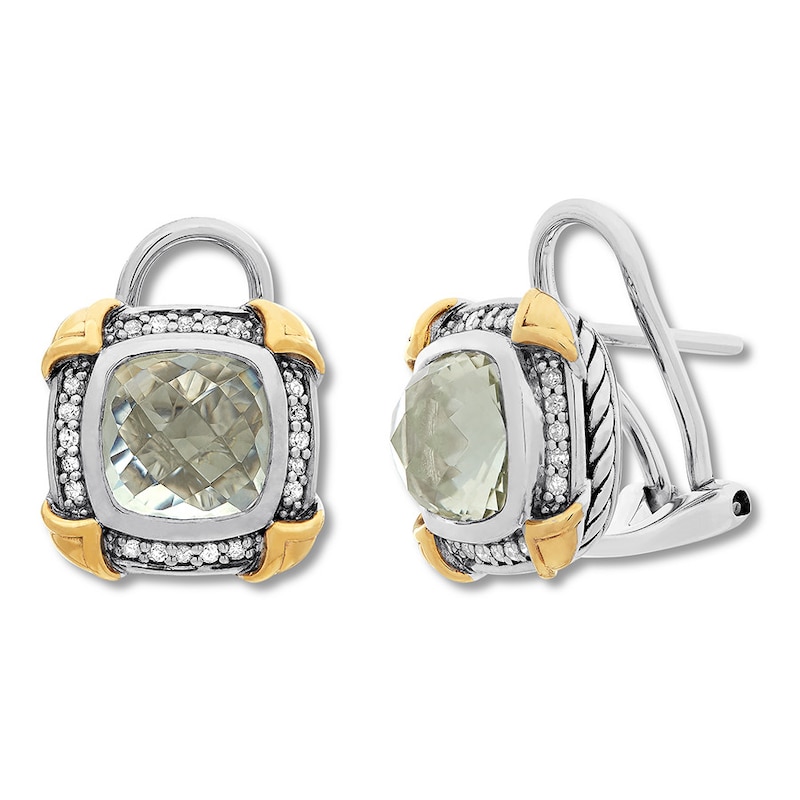 Green Quartz Earrings 1/5 ct tw Diamonds St. Silver/14K Gold