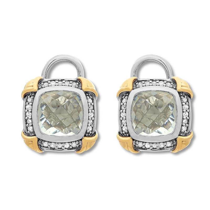 Green Quartz Earrings 1/5 ct tw Diamonds St. Silver/14K Gold