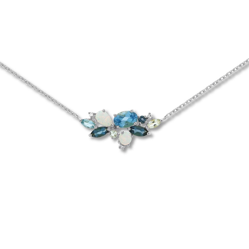 Natural Opal & Blue Topaz Necklace with Diamonds 10K Gold