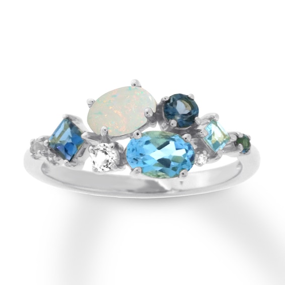 Natural Opal & Blue Topaz Ring with Diamonds 10K Gold | Fashion Rings