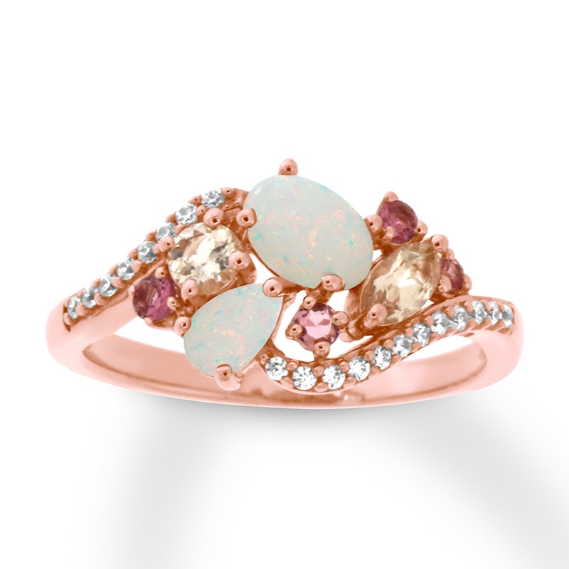 Natural Opal & Tourmaline Ring 1/10 ct tw Diamonds 10K Rose Gold with 360