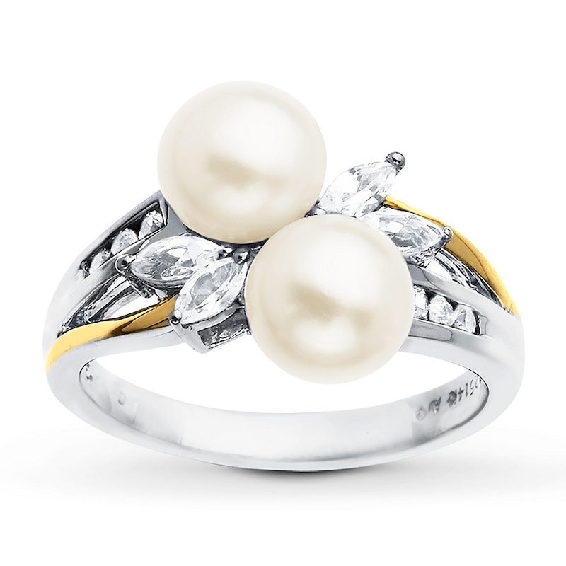 Cultured Pearl Ring Lab-Created Sapphires Sterling Silver/10K Yellow Gold