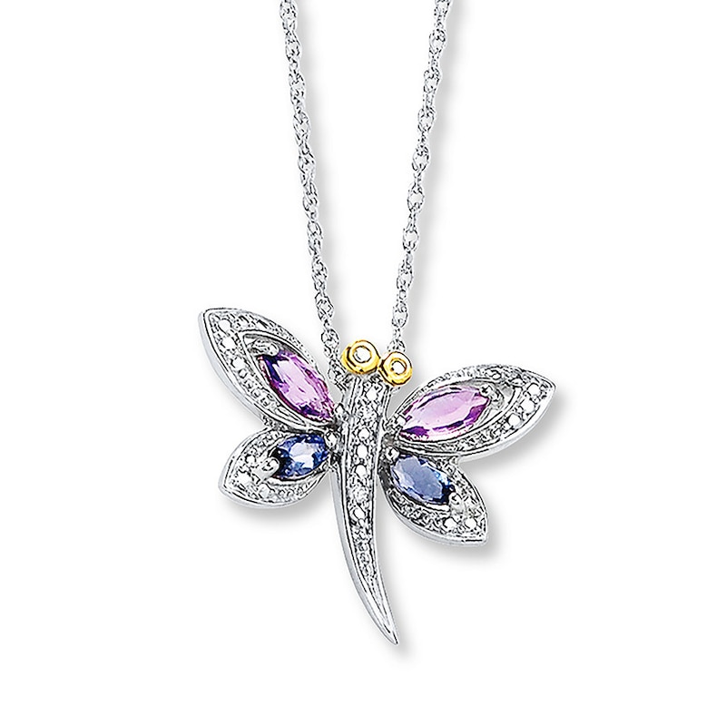 Dragonfly Necklace Amethyst/Iolite Sterling Silver/14K Yellow Gold