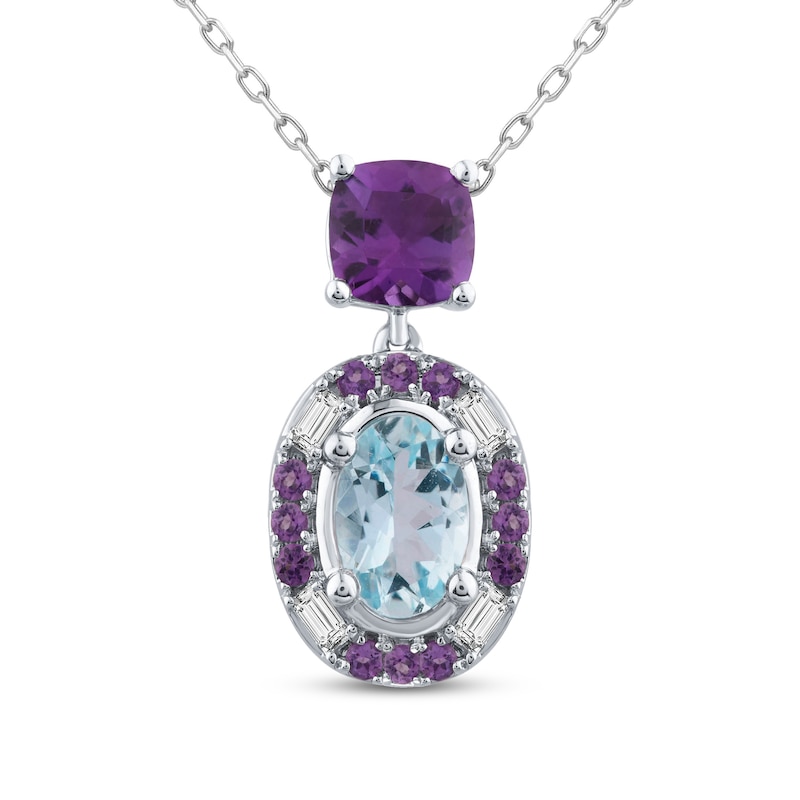 Main Image 1 of Natural Amethyst & Natural Aquamarine Necklace 1/15 ct tw Diamonds 10K White Gold