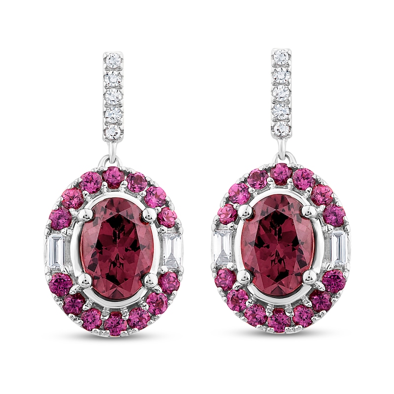 Main Image 1 of Natural Rhodolite Garnet Dangle Earrings 1/6 ct tw Diamonds 10K White Gold
