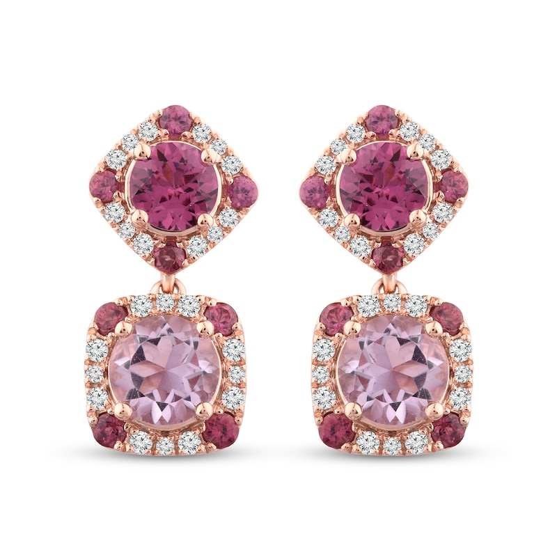 Main Image 1 of Natural Rhodolite Garnet & Natural Quartz Dangle Earrings 1/3 ct tw Diamonds 10K Rose Gold