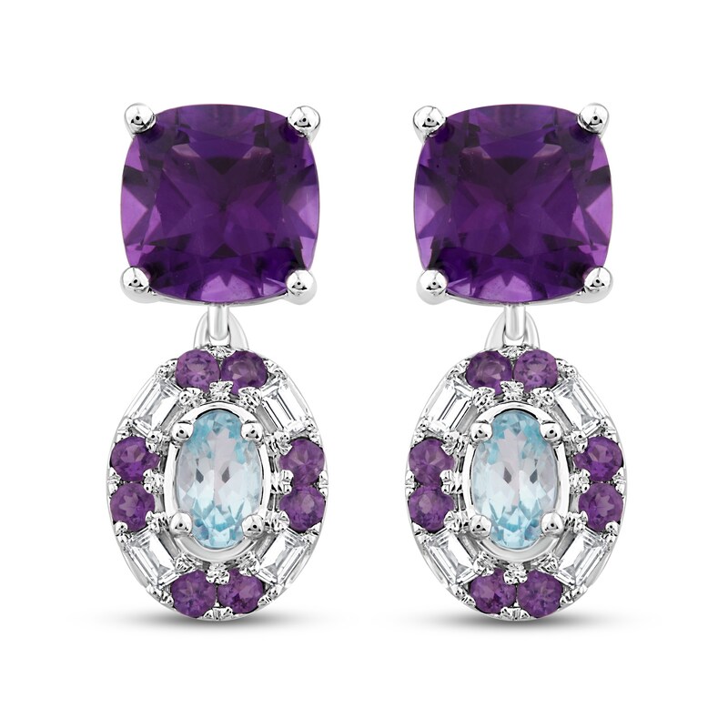 Main Image 1 of Natural Amethyst & Natural Aquamarine Earrings 1/8 ct tw Diamonds 10K White Gold