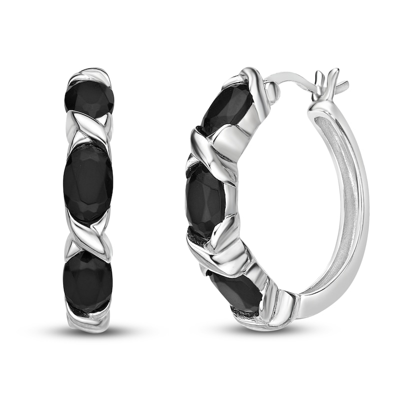 Main Image 2 of Natural Onyx Hoop Earrings Sterling Silver