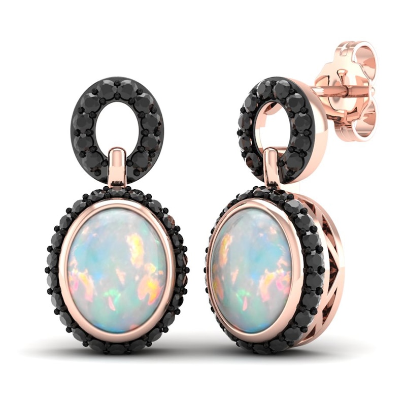 Main Image 2 of Natural Opal & Black Diamond Earrings 1/2 ct tw Round 10K Rose Gold