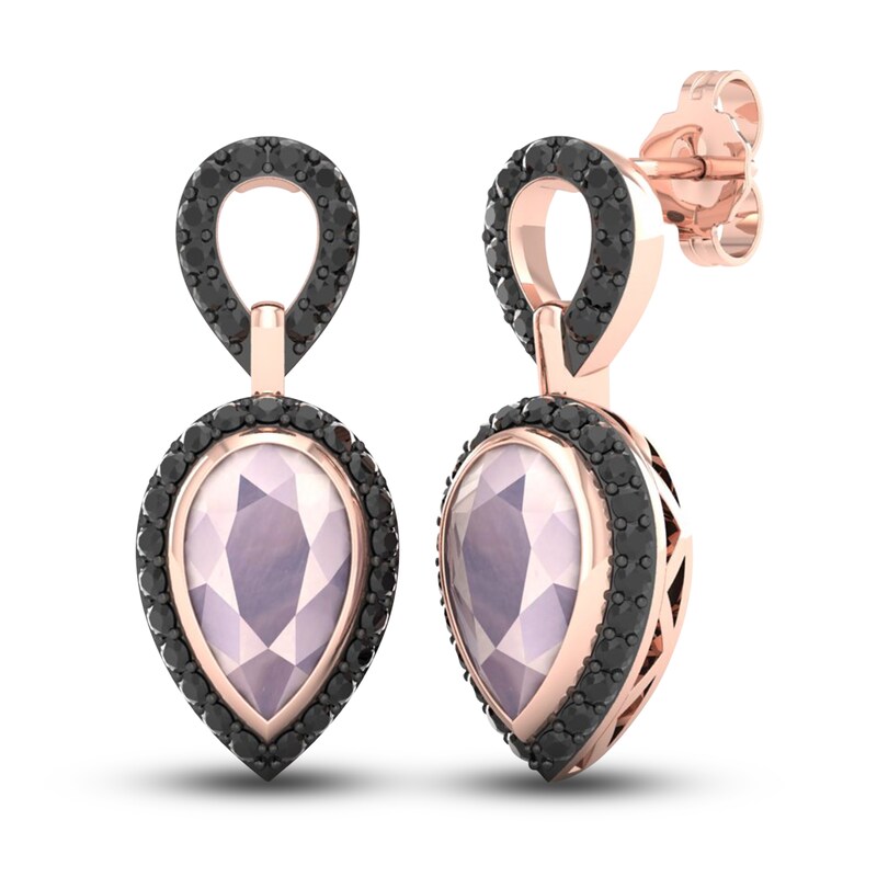 Black Diamond & Natural Pink Quartz Dangle Earrings 1/2 ct tw Round 10K Rose Gold